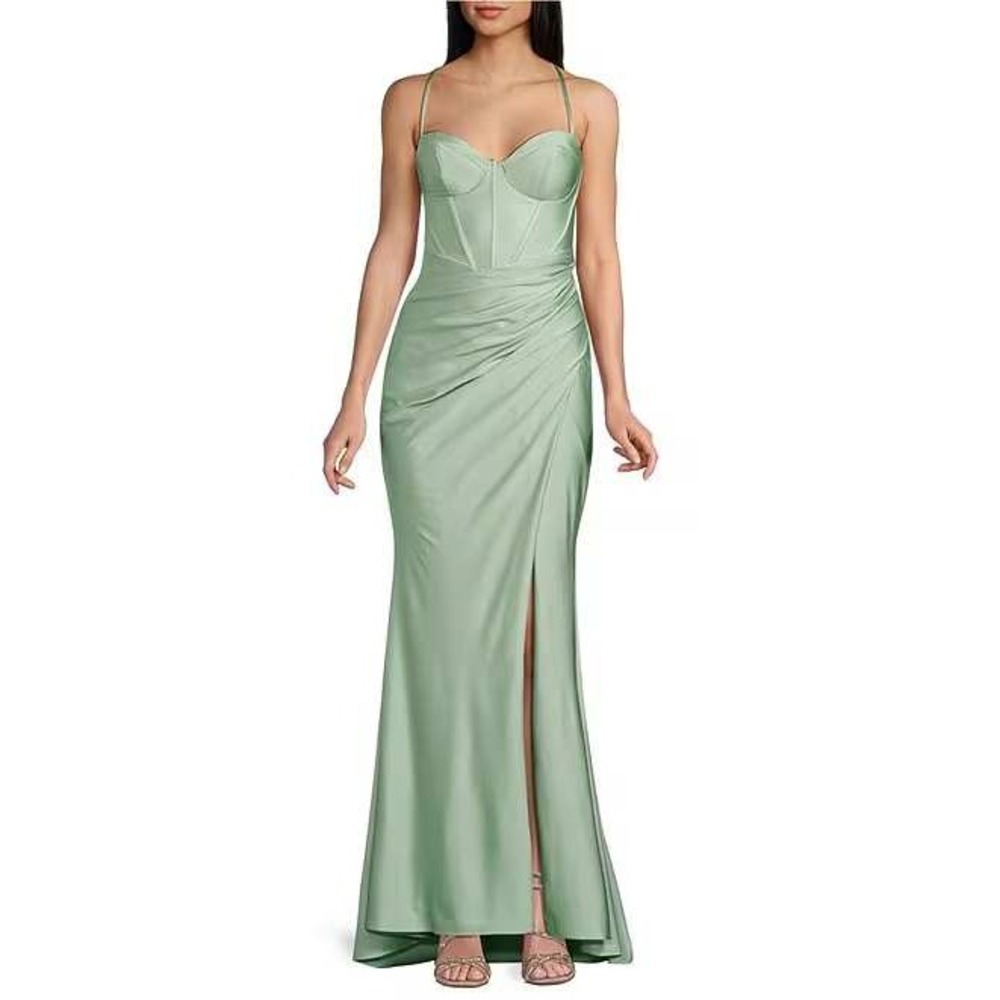 B.Darlin Spaghetti Strap Corset Side Shirred Long Dress New Sage 13/14 New W/Tag